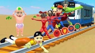 Scary Teacher 3D vs Squid Game Become Superhero Rescue baby Doll Escape from Train 5 Time Challenge