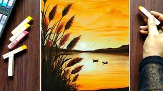 Easy and Beautiful Sunset Scenery for beginners - Soft Pastel Drawing/Painting - Sunset Painting