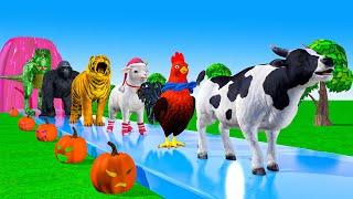 Paint & Animals Mammoth,Gorilla,Lion,Duck,Cow,Sheep Fountain Crossing Transformation Animal Cartoon