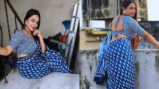 Low Waist Cotton Saree With Backless Blue Blouse | Saree Draping | Draping Style #saree