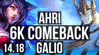 AHRI vs GALIO (MID) | 6k comeback, 8/3/15, 40k DMG, 500+ games | EUW Master | 14.18