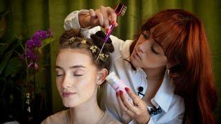 ASMR Bubble Braid & Hair Bun Styling | Tangling, Wax, Brushing, and Accessorizing for a Cute Look