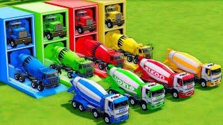 Garage with Colors - ALL MIXER TRUCK WITH DOUBLE FLATBED TRAILER TRUCK, KENWORTH, PETERBILT - FS22