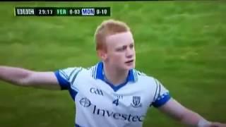 Monaghans Colin Walshe taking a massive hit from Fermanagh legend Marty McGrath