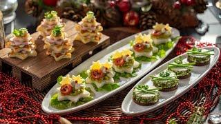 Weihnachtsbaum und Stern aus Tramezzino. Kräuterquark und Roggenbrot. Fingerfood-Snacks