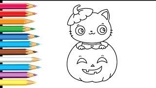 Kitten Drawing and Coloring,how to draw cute cat in pumpkin step by step for kids for toddlers,malen