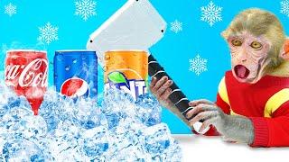 BiBi Monkey Frozen Game Challenge with Coca and Fanta, Pepsi