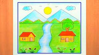 Scenery Drawing Easy | Hut Drawing | How T Draw Landscape Drawing Very Easy | Scenery | Landscape