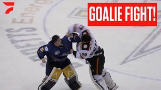 GOALIE FIGHT: AJHL Netminders Sean Cootes And Nicholas Jones Drop The Gloves At Center Ice