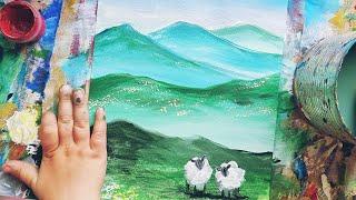 TWO SHEEP | We draw a mountain landscape with gouache simply