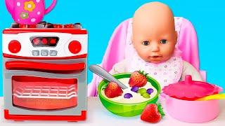 Pretend to play cooking a dinner for Baby Annabell doll. Baby dolls videos for kids.