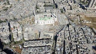 Drone footage of empty streets and destroyed city of Aleppo