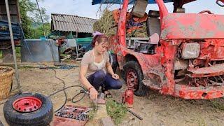 Genius girl repairs and restores car wheels.