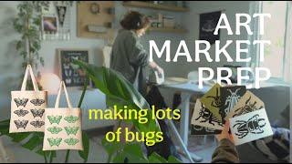 artists studio vlog  chatty art market prep, new tattoo, block printing, making lots of bugs 🪲