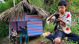 The kind policeman helped the poor boy rebuild the wall of his new house.