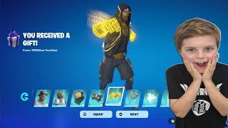 My 11 Year Old Kid Reaction To The NEW Fortnite Live Event & Gifting Him NEW SHAQ Skin Bundle