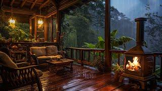 Rainy Tropical Forest Ambience | Soft Rain and Thunder with Fireplace At Cozy Porch | Sleep, Relax