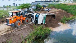 Sadly!! The Dongfeng Dump Truck Overturned into the wrong water Fortunately​ operator driver Safety