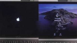 MacBook Pro 13-inch speed comparison "Big Sur" vs. "Catalina": Geekbench 5 and Boot sequence.