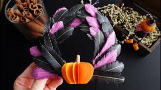 すべて紙！飾り羽根のハロウィンリースかぼちゃ付き - DIY How to Make a Paper Feather Halloween Wreath with Pumpkin