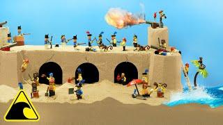 Lego Pirates Fort Hit by Tsunami - Dam Breach Experiment - Wave Machine vs Soldiers and Pirates