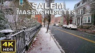 [4K HDR] Salem MA Snowy Morning Walking Tour | Witch City