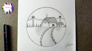 Easy Circle Scenery Drawing | Pencil Drawing In Circle Step by Step | Pencil Sketch