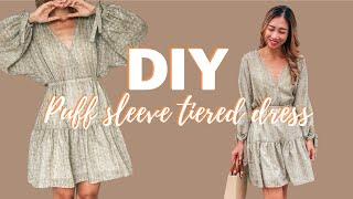 DIY PUFF SLEEVE TIERED DRESS (Bow tie sleeve, v-neck, fitted waist) | Step by step sewing tutorial