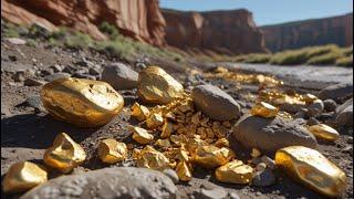 Amazing! Unbelievable golden nuggets A miner digging gold treasure at mountain under stone