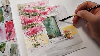 Watercolor beautiful tree and door painting for beginners | easy technique tutorial