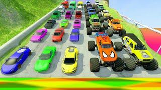 HT Gameplay Crash # 838 | Monster Trucks vs Color Speed Bumps - Cars vs Deep Water vs Giant Pit