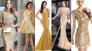 MODA MUJER/TENDENCIA 2022-2023/LOS MEJORES OUTFITS/LOOKS DE VESTIDOS CON TONOS DORADOS/ ELEGANTES