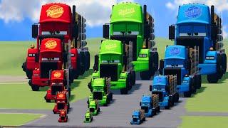 Big & Small Long: Red Mack Truck vs Green Mack Truck vs Blue Mack Truck with Logs vs Train | BeamNG