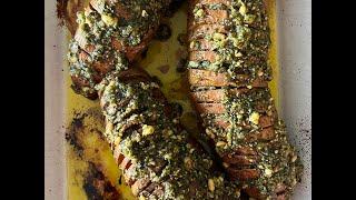 How to Make Vegan Hasselback Sweet Potatoes with Mint Sage Pesto by Diane Kochilas