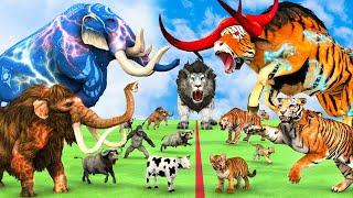 5 Giant Elephant Cow vs 5 Giant Tiger Bull Zombie Elephant Attack Cow Baby Saved by Woolly Mammoth