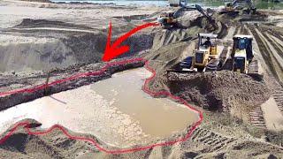 High-Skill Operators Caterpillar Bulldozer Moving Sand Together Fill Huge Deep Pit Completely