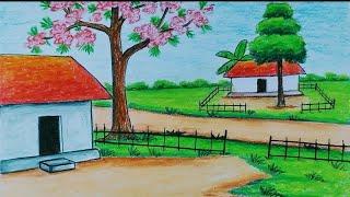 How to draw scenery of spring season step by step|village scenery drawing