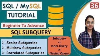 36 Subquery in SQL |  Complete Subqueries Tutorial in ONE Video | Types of Subqueries | Advance SQL