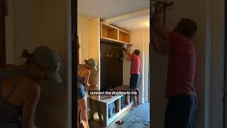 Mudroom Cubbies: I made the boxes out of plywood and used a great stock cabinet hack for the uppers