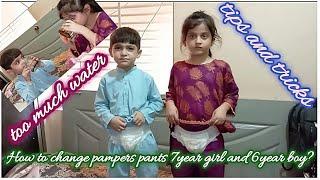 How to change pampers pants 7year girl and 6year boy?|pampers pants change 7and6 old wearing diaper