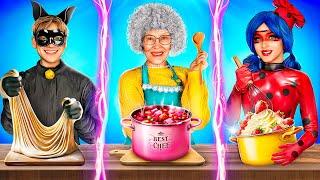 Grandma VS Ladybug VS Cat Noir Cooking Challenge! Kitchen Hacks!