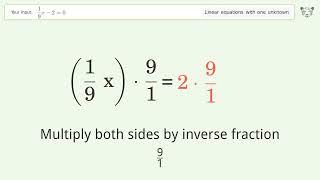 Solve 1/9x-2=0: Linear Equation Video Solution | Tiger Algebra