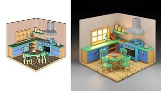 create a 3d isometric kitchen with sketchup