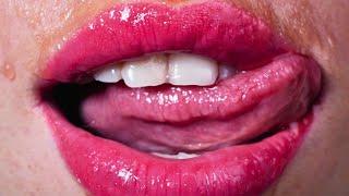 Licking Wet Lips, Tongue and Teeth Closeup | Lips and Tongue Macro Shots - Mouth Play