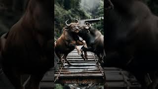 Buffaloes Clash on a Narrow Hanging Bridge! #animalfight #buffalo #buffalofight #animals #shortvideo