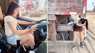 Female Truck Driver Xia Dumping Gravel and Hands-On Maintenance