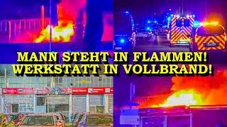 +++ DRAMATISCHES FEUER IN WERKSTATT: JUNGER MANN STEHT IN FLAMMEN +++ GROSSEINSATZ DER FEUERWEHR