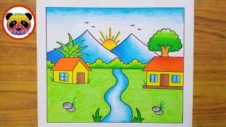 Scenery Drawing / How to Draw Beautiful Landscape Scenery / Village Scenery Drawing Easy / Scenery