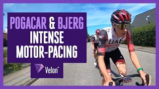 Intense Tadej Pogačar and Mikkel Bjerg motor-pacing training