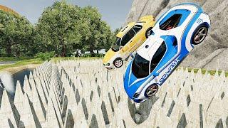 Cars Vs Long Spear Trap - High Fall Crash / BeamNG Drive